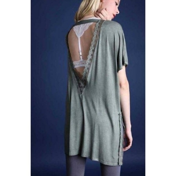 POL Tops - POL Sage Green Mineral Wash Lace-Trimmed Open Cardigan Tunic Duster Top